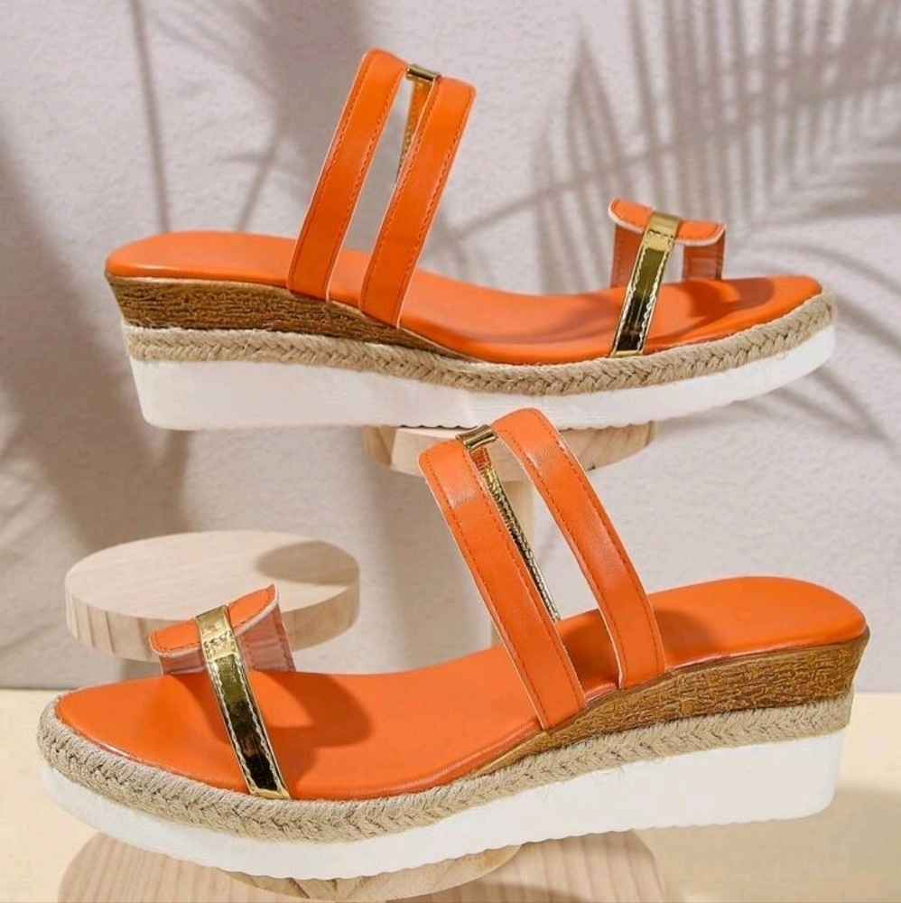 Women's Plus Size Fashionable Orange Open Toe Wedge Sandals - Picture 2 of 6